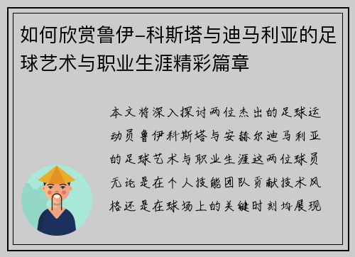 如何欣赏鲁伊-科斯塔与迪马利亚的足球艺术与职业生涯精彩篇章